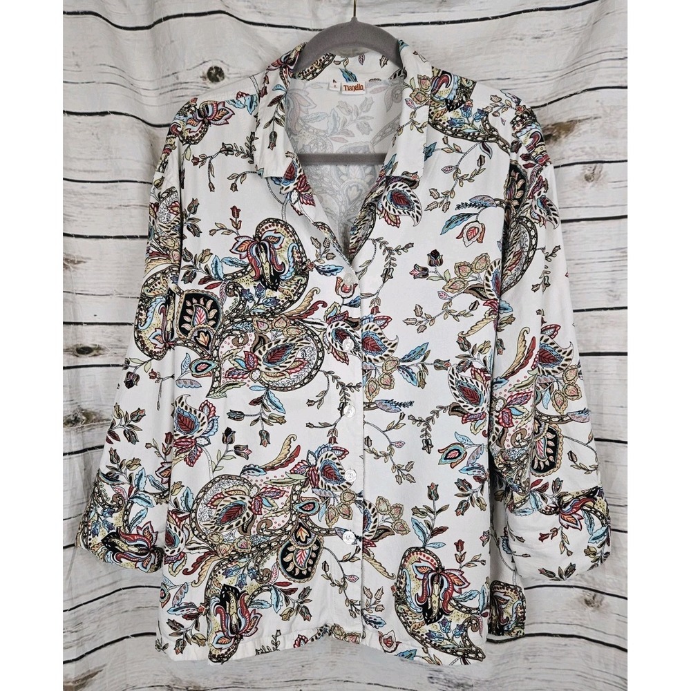 Tianello Paisley Print Button Aida Blouse Top L Tencel Blend 3/4 Sleeves